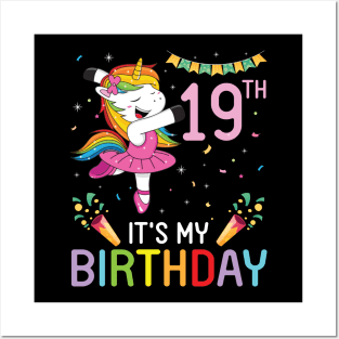 Happy Unicorn Dancing Congratulating 19th Time It's My Birthday 19 Years Old Born In 2002 Posters and Art